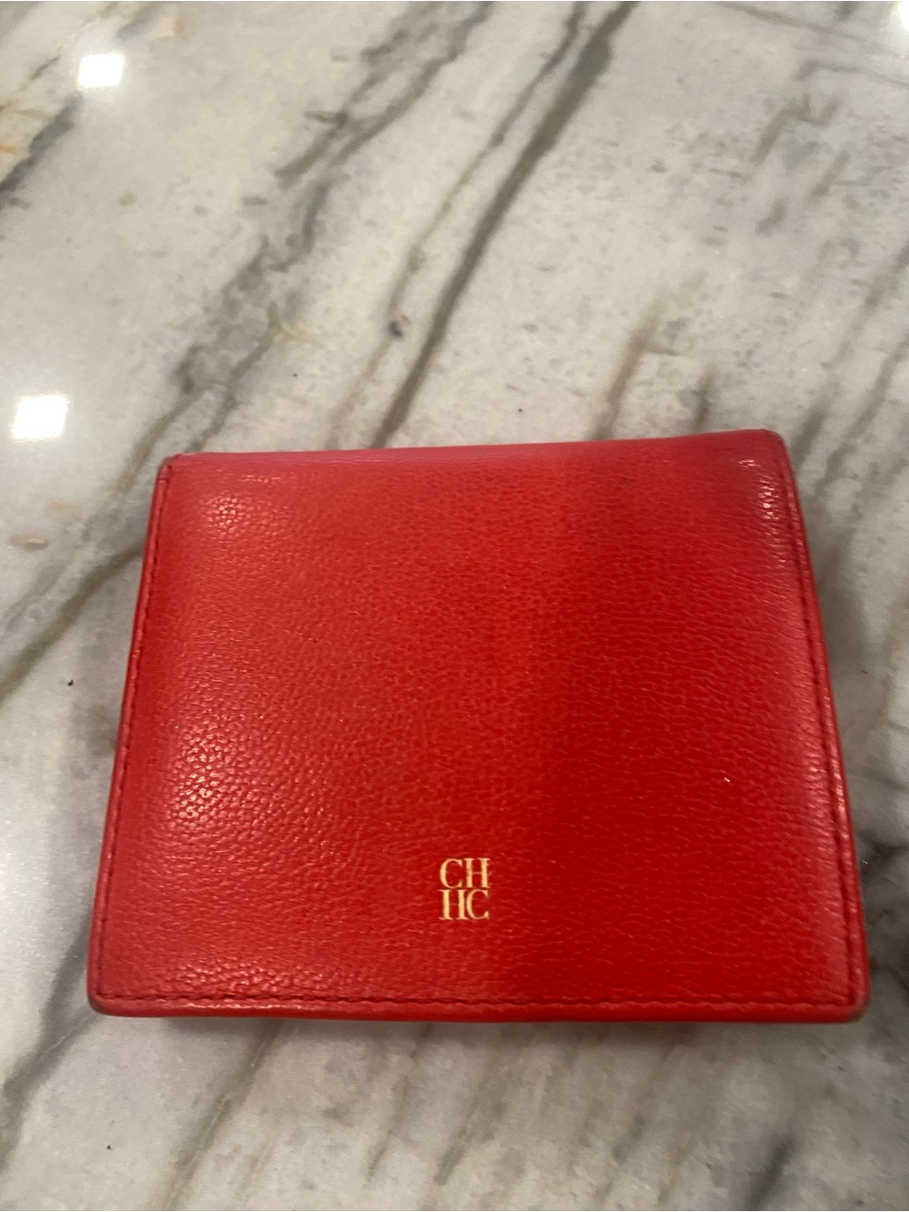 Carolina Herrera Red Leather Compact Bi-Fold Wallet with Gold CH Logo